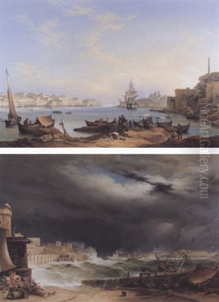 View Of Grand Harbour, Valetta From Corradino Oil Painting by Giovanni Jean Schranz