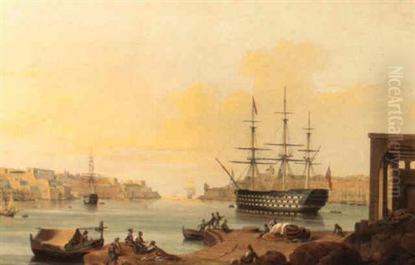 H.m.s. Howe In Grand Harbour, Valetta, Malta Oil Painting by Giovanni Jean Schranz