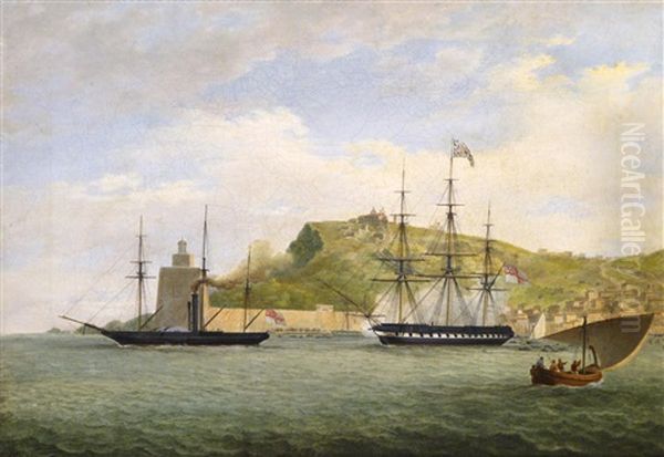 Paddle Steamer H.m.s. Salamander Towing A Frigate Out Of Corunna, Spain Oil Painting by Joseph Schranz