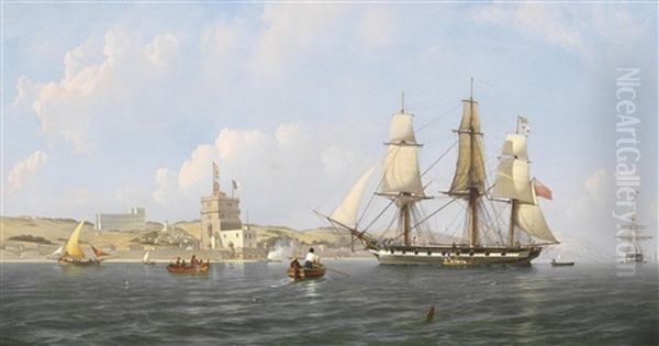 An English Frigate Arriving In The Tagus Off The Belem Tower; An English Frigate Hove-to Off The Southern Bank Of The Tagus (pair) Oil Painting by Joseph Schranz