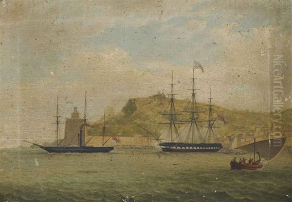 H.m.s. Salamander Off La Torre De Hercules At The Entrance To The Harbour Of La Coruna Towing A British Frigate, Flying The Flag Of The Governor... Oil Painting by Joseph Schranz