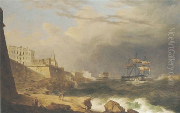 A Royal Navy Two-decker Leading A Squadron Into Grand Harbour, Valletta, In Heavy Weather Oil Painting by Joseph Schranz