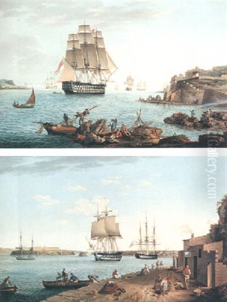 A Frigate And Other Shipping In The Harbour At Valetta Oil Painting by Joseph Schranz