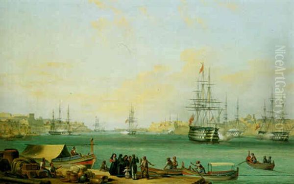 English Fleet In The Harbor Of Valetta, Malta Oil Painting by Joseph Schranz