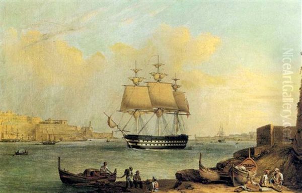 A Frigate Entering Valetta Harbour, Malta Oil Painting by Joseph Schranz