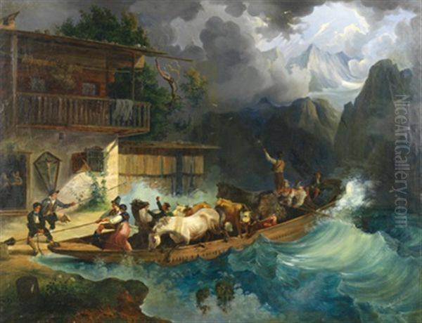 Die Flut, Bauern In Einer Zille Mit Pferden Und Rindern Oil Painting by Ludwig Schrattenbach the Younger