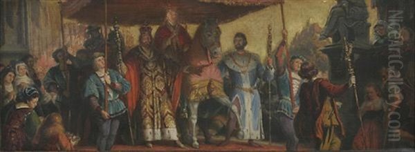 Festzug. Kaiser, Konig Und Der Berittene Papst Unter Einem Baldachin, Im Hintergrund Eine Burganlage (design For A Mural In The Speyer Cathedral) Oil Painting by Johann von Schraudolph