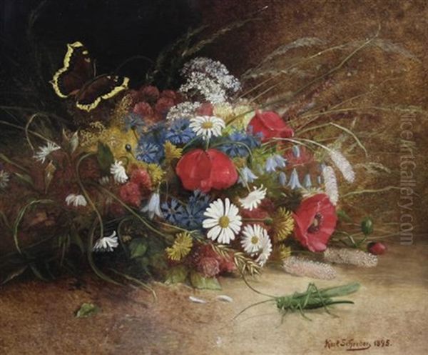 Wildflowers With A Grasshopper Oil Painting by Karl Schreder