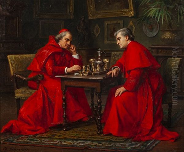 A Game Of Chess Oil Painting by Charles Baptiste Schreiber