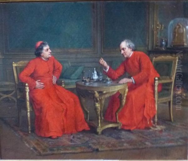 Deux Cardinaux A L'heure Du The Oil Painting by Charles Baptiste Schreiber