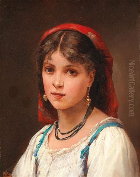 Portrait Of A Girl From The Mediterranean Oil Painting by Charles Baptiste Schreiber