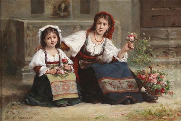 Neapolitan Flower Sellers Oil Painting by Charles Baptiste Schreiber