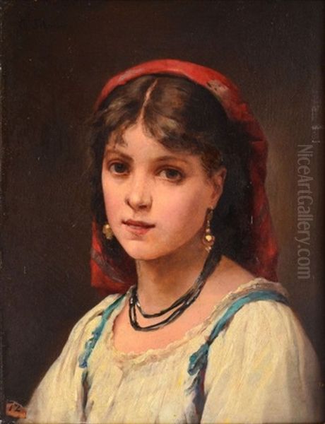 Jeune Fille Au Foulard Rouge Oil Painting by Charles Baptiste Schreiber