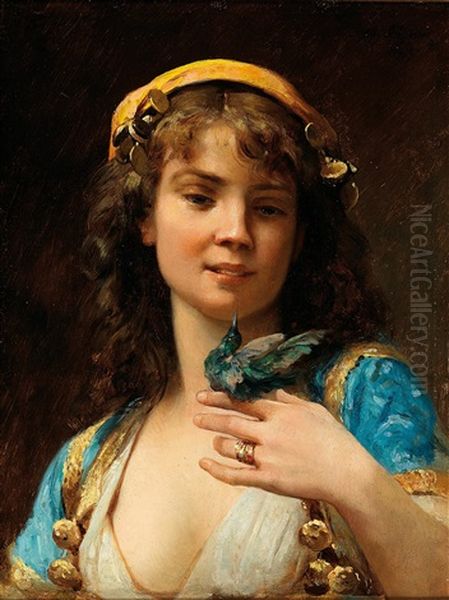 Girl With Hummingbird Oil Painting by Charles Baptiste Schreiber