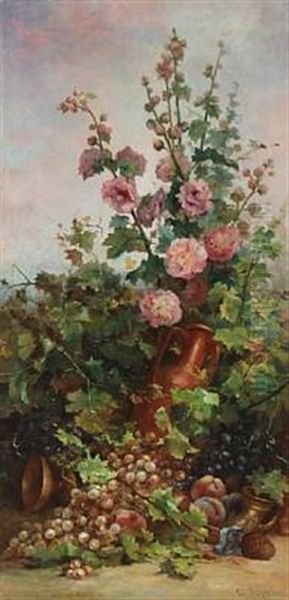 Still Life With Fruit And Hollyhocks Oil Painting by Charles Baptiste Schreiber