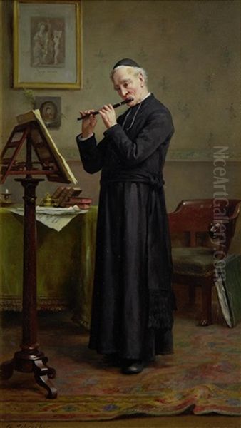 Cleric Playing The Flute Oil Painting by Charles Baptiste Schreiber