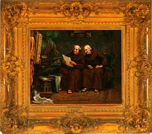 Interior With Two Monks Reading A Document Oil Painting by Charles Baptiste Schreiber