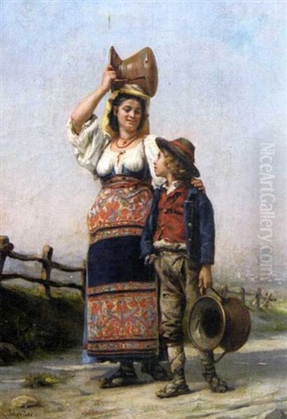 Paysanne Italienne Et Son Fils Oil Painting by Charles Baptiste Schreiber