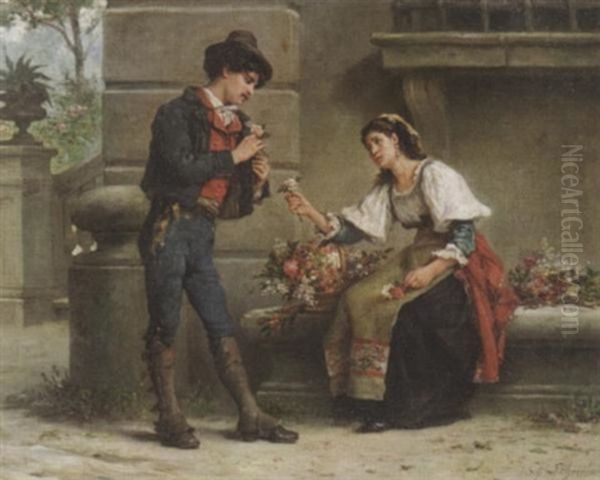 Der Rosenkavalier. Galanter Junger Herr Bei Einer Blumenverkauferin Oil Painting by Charles Baptiste Schreiber