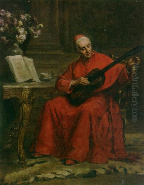 A Cardinal In An Interior Tuning His Guitar Oil Painting by Charles Baptiste Schreiber