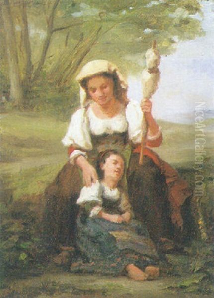 Jeune Femme Assise A La Quenouille Et Son Enfant Oil Painting by Charles Baptiste Schreiber