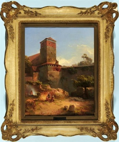 Der Funfeckturm Der Nurnberger Burg Mit Wachtern Im Burggraben Oil Painting by Conrad Peter Schreiber