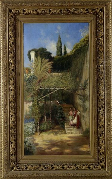 Junges Paar In Bluhendem Garten Oil Painting by Conrad Peter Schreiber