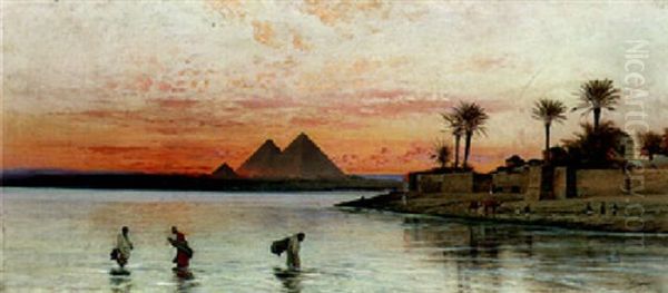 The Nile With The Pyramids Beyond Oil Painting by Conrad Peter Schreiber