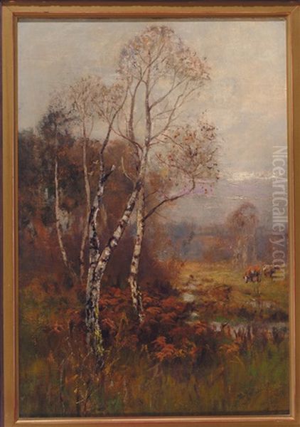 Zwei Birken Neben Lichtung Mit Weidendem Vieh Vor Waldhintergrund Oil Painting by Georges Schreiber