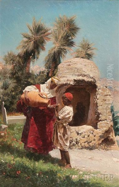 Pouring Water At An Oasis Oil Painting by Peter Conrad Schreiber