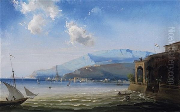 Genua. Blick Vom Ufer Auf Den Alten Hafen Mit Der Lanterna, Dem Wahrzeichnen Der Stadt Oil Painting by Peter Conrad Schreiber