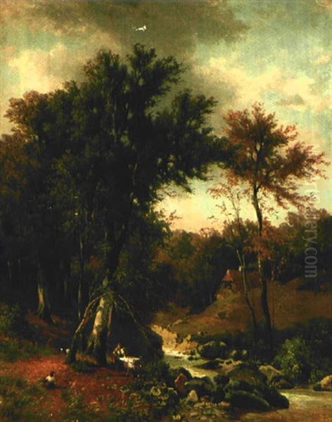 Holzsammler Im Wald Vor Bachlauf Oil Painting by Friedrich Wilhelm Schreiner