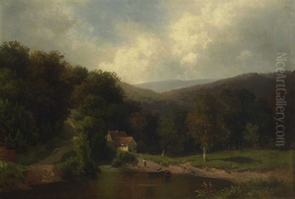 Uferlandschaft Mit Bauernhaus Und Figurenstaffage Oil Painting by Friedrich Wilhelm Schreiner