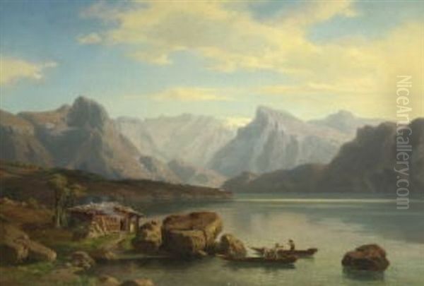 Gebirgssee Mit Fischern Oil Painting by Friedrich Wilhelm Schreiner