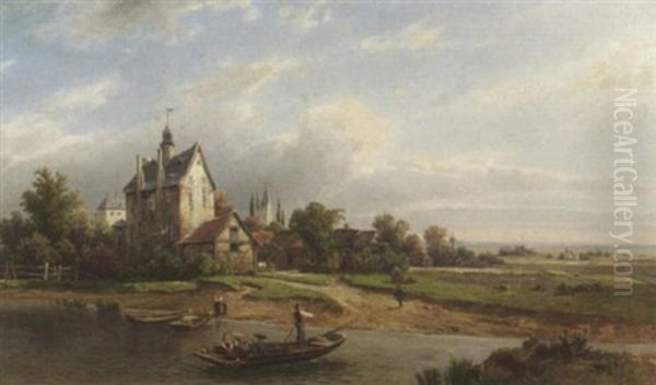 Herrschaftlicher Gutshof In Sommerlicher Fluslandschaft. Der Quadenhof Bei Gerresheim In Dusseldorf Oil Painting by Friedrich Wilhelm Schreiner