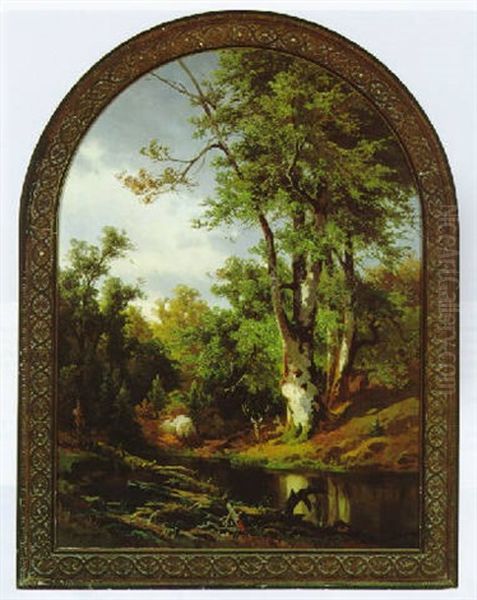 Rotwild Am Stillen Waldweiher Oil Painting by Friedrich Wilhelm Schreiner