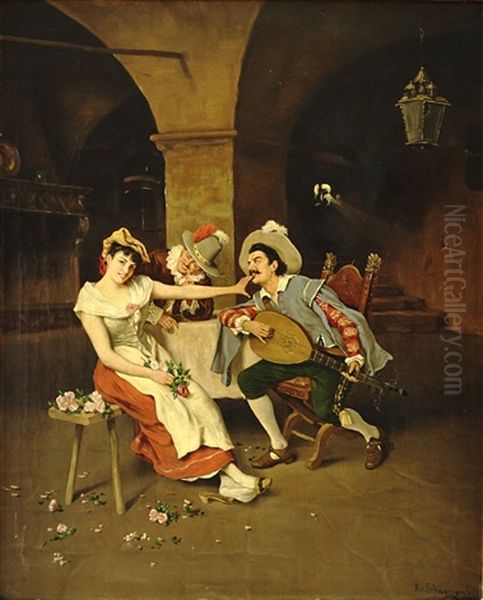 In Der Halle Einer Mittelalterlichen Burg Hat Sich Ein Blumenmadchen Auf Einem Hocker Niedergelassen Oil Painting by Adolf Franz Christian Schreitter von Schwarzenfeld