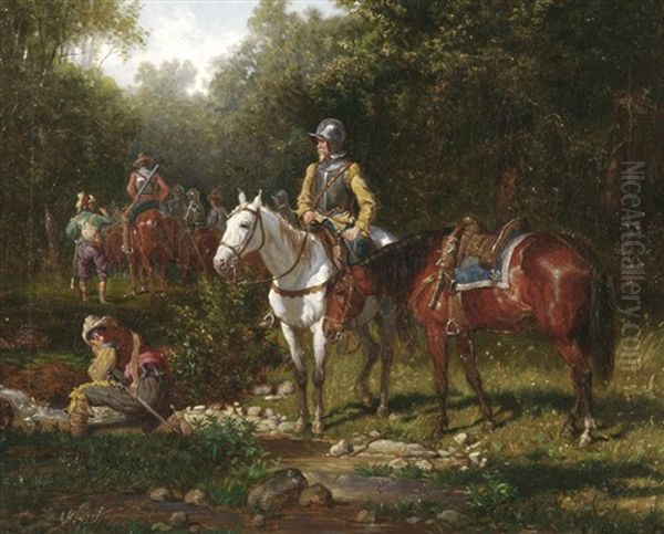 Rast Im Walde: Ritter Und Gefolgschaft, An Einem Bachlauf Verweilend Oil Painting by Adolf Franz Christian Schreitter von Schwarzenfeld