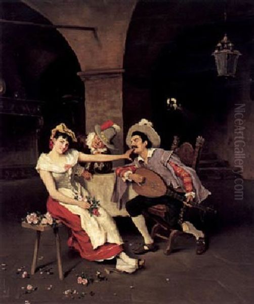 In Einem Gewolbekeller Wird Eine Hubsche Von Einem Mandolinenspieler Bedrangt Oil Painting by Adolf Franz Christian Schreitter von Schwarzenfeld