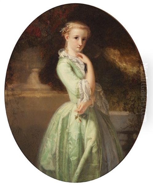 Elegant Young Woman In A Green Dress Holding A Rose (+ Elegant Young Woman In A Pink Dress By A Rose Bush; 2 Works) Oil Painting by Clemens Prosper Schreurs