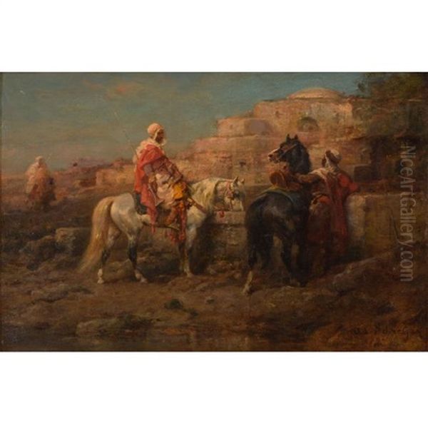 Two Men At The Horse Well Oil Painting by Adolf Schreyer