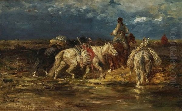 Packhorses At The Ford by Adolf Schreyer