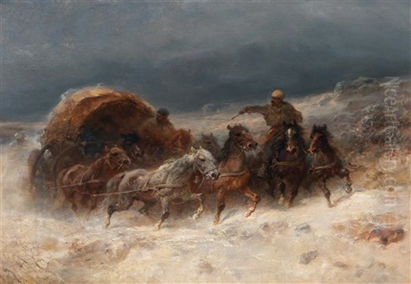 Geldings In A Winter Landscape Oil Painting by Adolf Schreyer