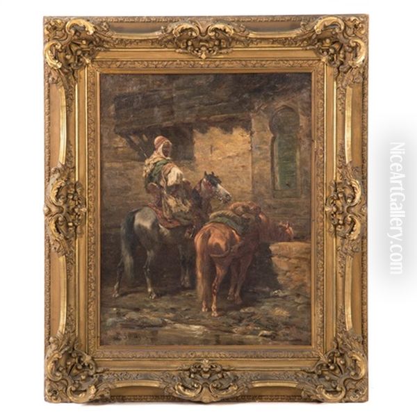 Arab Watering Horses Oil Painting by Adolf Schreyer