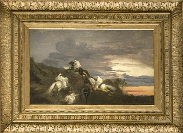 Auf Ihren Pferden Fliehende Araber Auf Einer Anhohe Im Abendlicht Oil Painting by Adolf Schreyer