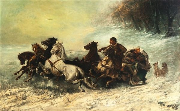 Sleigh Scene Oil Painting by Adolf Schreyer