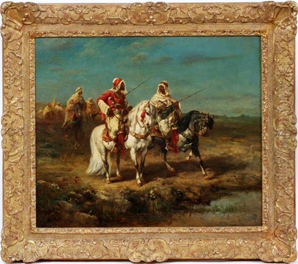 Arab Horsemen On Patrol In A Middle-eastern Landscape Oil Painting by Adolf Schreyer