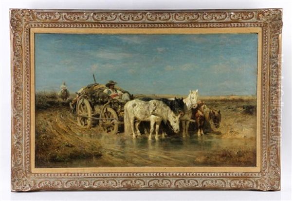 Wagon At Rest At The Waters Edge Oil Painting by Adolf Schreyer