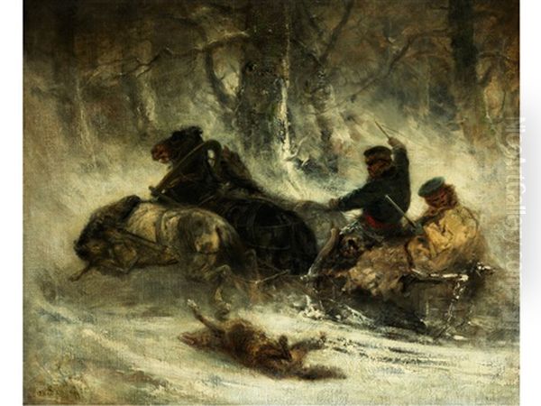 Wolfe Greifen Eine Troika An Oil Painting by Adolf Schreyer