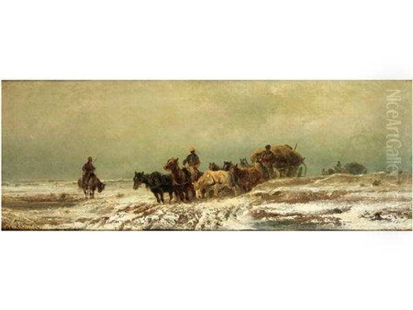 Grosser Zug Von Packwagen In Russischer Schneelandschaft Oil Painting by Adolf Schreyer